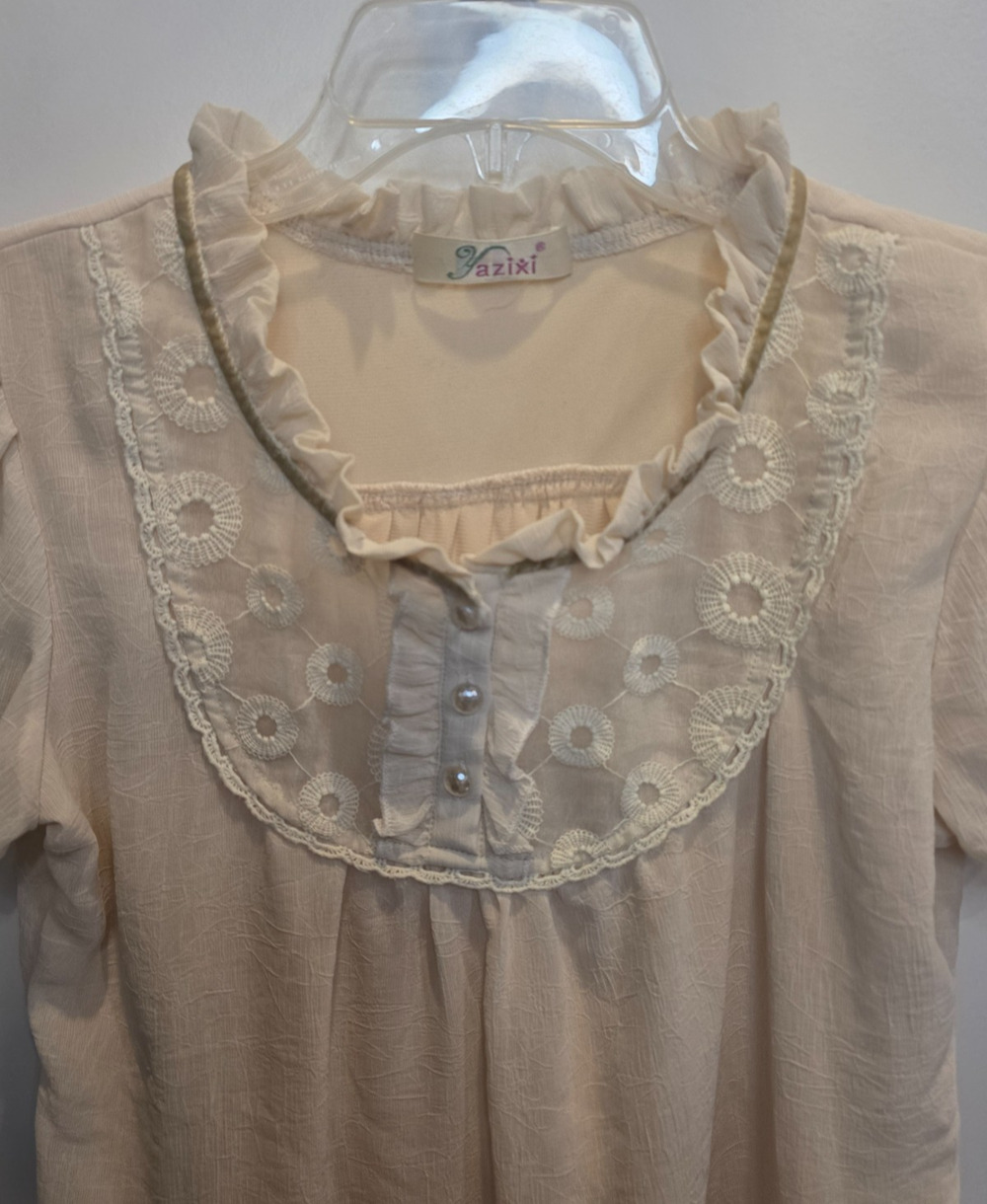 Yazixi Ruffle Vintage Blouse Puff Sleeve Women's Cream Embroidered Cottagecore